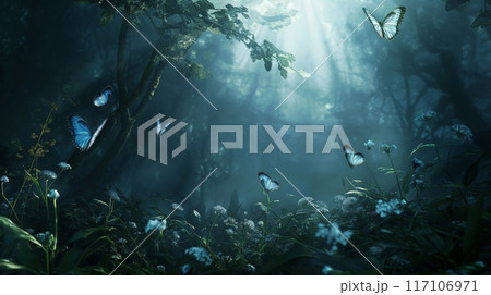 Mystical scene depicting butterflies fluttering in a serene, sunlit woodland with a magical atmosphere Mystical scene depicting butterflies fluttering in a serene, sunlit woodland with a magical atmosphere 117106971