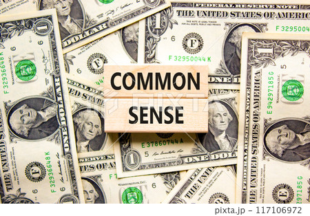 Common sense symbol. Concept words Common sense on beautiful wooden block. Beautiful background from dollar bills. Dollar bills. Business, motivational common sense concept. Copy space. 117106972