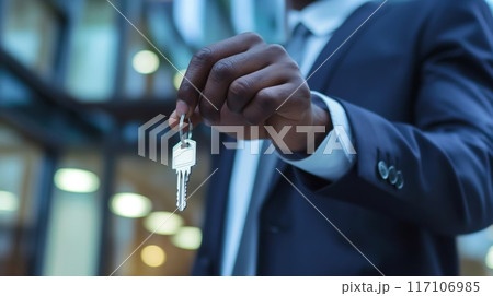Close-up image of an executive in a suit passing keys, symbolizing a transaction or new ownership 117106985