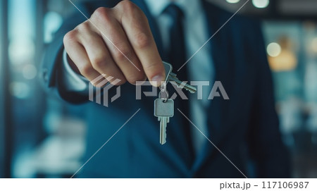 Close-up of a businessperson's hand offering a set of keys, symbolizing responsibility and trust 117106987