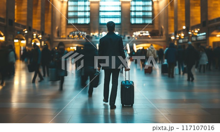 Rear view of a businessman with a suitcase navigating a busy train station 117107016