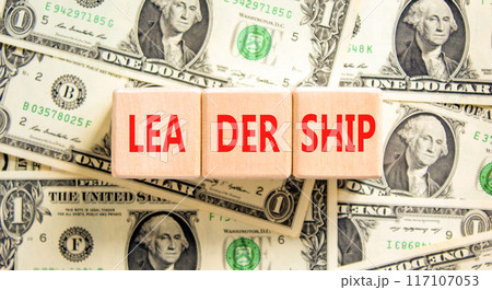 Leadership symbol. Concept word Leadership on beautiful wooden blocks. Dollar bills. Beautiful background from dollar bills. Business leadership concept. Copy space. 117107053