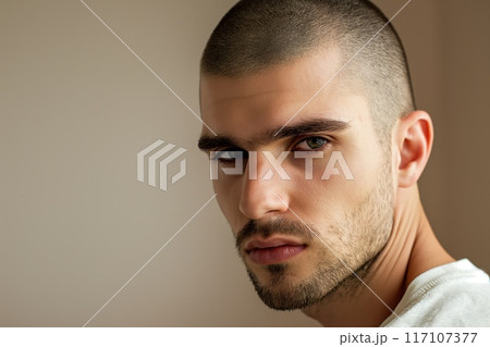 Close-up portrait of a young man showcasing a stylish buzz cut Close-up portrait of a young man showcasing a stylish buzz cut 117107377
