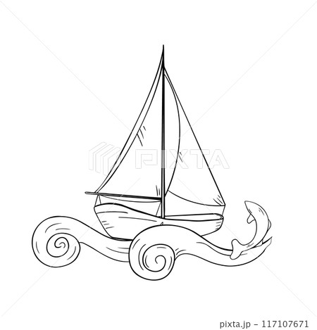 Sailing boat on curly wave black and white vector illustration isolated. Fishing boat and fishes hand drawn ink silhouette. Yacht contour. Sea transport coloring. Simple cartoon drawing boat outline. 117107671