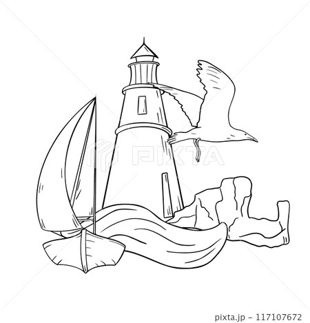 Sailing ship on wave black and white line art. Seascape with lighthouse and rocks vector graphic drawn illustration. Marine view with seagull painted by ink silhouette for nautical themes, packaging. 117107672