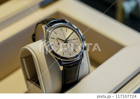 Luxury wristwatch on leather stand display 117107724