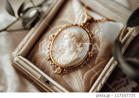 Elegant vintage cameo brooch with a classic profile design, adorned with gold details, presented in a delicate box 117107735