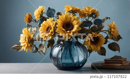 Sunflower flower in an elegant blue glass vase with gilding on a blue-gray background. Sunflower flower in an elegant blue glass vase with gilding on a blue-gray background. 117107822