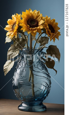Sunflower flower in an elegant blue glass vase with gilding on a blue-gray background. Sunflower flower in an elegant blue glass vase with gilding on a blue-gray background. 117107828