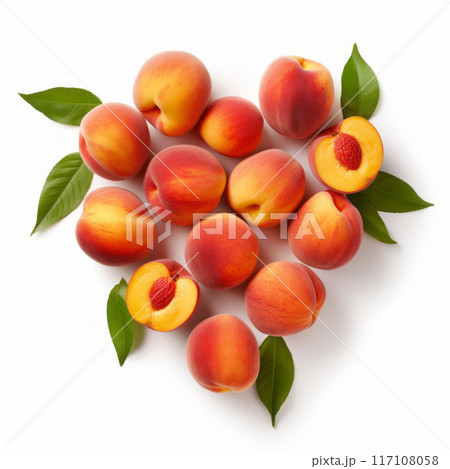 Peaches in the shape of a heart on a white background. Ripe fruit. Peaches in the shape of a heart on a white background. Ripe fruit. 117108058