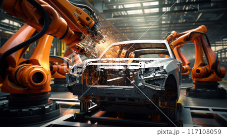 Mass production assembly line of modern cars. Industrial of automatic robot arm car assembly production. 117108059