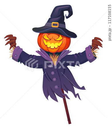 Horror scarecrow with pumpkin head. Cartoon horror character 117108155