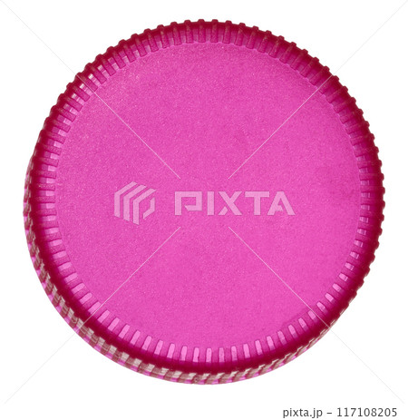 Pink plastic bottle cap on isolated background, top view 117108205