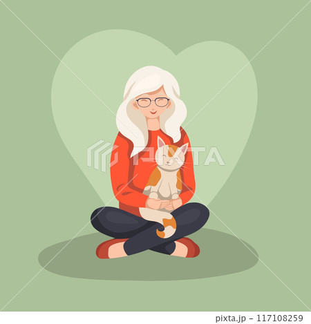 Vector flat illustration of old volunteer woman with a cat. Hobbies for pensioners. Adoption of homeless animals. Veterinary Vector flat illustration of old volunteer woman with a cat. Hobbies for pensioners. Adoption of homeless animals. Veterinary 117108259