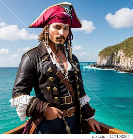海の上に浮かぶ船の上に立つかっこいい海賊のイラスト 海の上に浮かぶ船の上に立つかっこいい海賊のイラスト 117108263