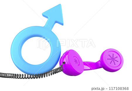 Dating by phone, concept. Male gender symbol with pink handset phone. 3D rendering Dating by phone, concept. Male gender symbol with pink handset phone. 3D rendering 117108368