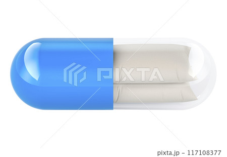 Hypnotic, sleeping pills concept. Medicament capsules with pillows inside. 3D rendering 117108377