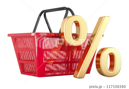 Shopping basket with percent symbol. Discount concept, 3D rendering 117108380