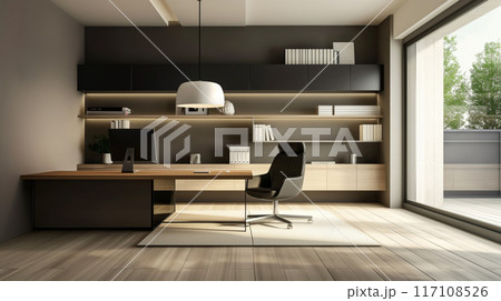 Sleek and stylish minimalist home office setup with a spacious desk, comfortable chair, and organized shelves 117108526