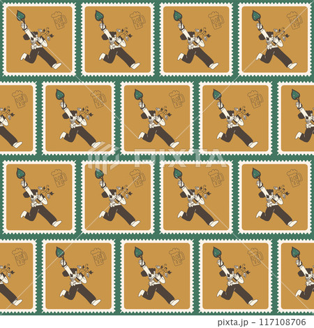 Oktoberfest checked seamless pattern. Character bento box repeat background. Beer festival retro stamps endless design. Vector hand drawn illustration. 117108706