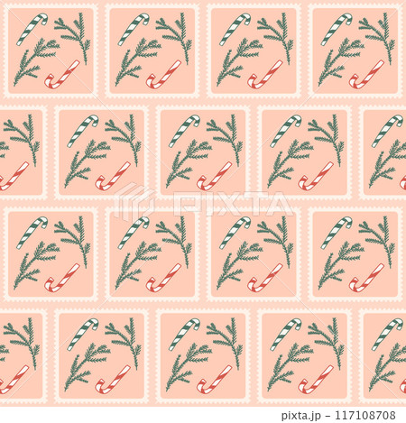 Christmas patchwork seamless pattern. Pine branches and candy cane bento box repeat background. Quilt retro post stamps with winter festive elements endless design. Vector hand drawn illustration. Christmas patchwork seamless pattern. Pine branches and candy cane bento box repeat background. Quilt retro post stamps with winter festive elements endless design. Vector hand drawn illustration. 117108708