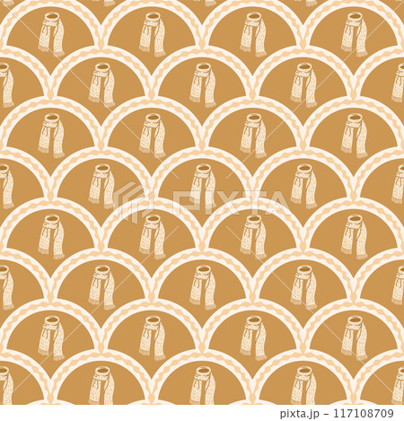 Scarf scallop seamless pattern. Simple winter seasonal arch repeat background. Cozy walk retro endless design. Vector hand drawn illustration. 117108709