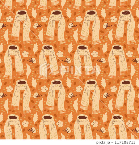 Scarf seamless pattern. Autumn cozy accessories endless background. Seasonal repeat cover. Fall continuous ornament. Vector hand drawn flat illustration. Scarf seamless pattern. Autumn cozy accessories endless background. Seasonal repeat cover. Fall continuous ornament. Vector hand drawn flat illustration. 117108713