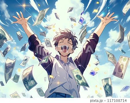 青空から降り注ぐ紙幣の中で歓喜する若い男性 117108714