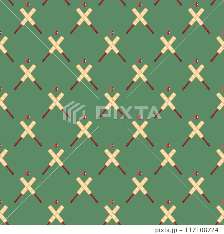 Cricket seamless pattern. endless background. Balls snd bats repeat cover. Sport game equipment continuous surface. Vector hand drawn illustration. 117108724