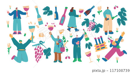 Wine tasting event clipart. Set of wine lovers. Cute characters with with wineglass. Vector hand drawn flat collection illustration isolated on white background. Wine tasting event clipart. Set of wine lovers. Cute characters with with wineglass. Vector hand drawn flat collection illustration isolated on white background. 117108739
