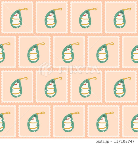 Christmas patchwork seamless pattern. Bento box snowman Christmas toy repeat background. Quilt retro New Year post stamps with paisley festive glass baubles endless design. Vector flat illustration. 117108747