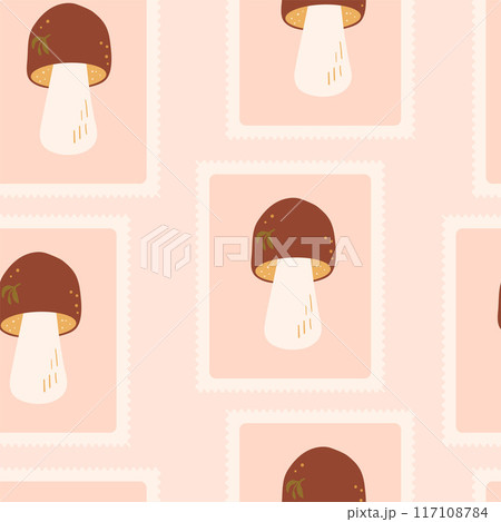Boletus mushrooms checked seamless pattern. Bento box repeat background. Autumn forest cep retro stamps endless design. Vector hand drawn flat illustration. Boletus mushrooms checked seamless pattern. Bento box repeat background. Autumn forest cep retro stamps endless design. Vector hand drawn flat illustration. 117108784