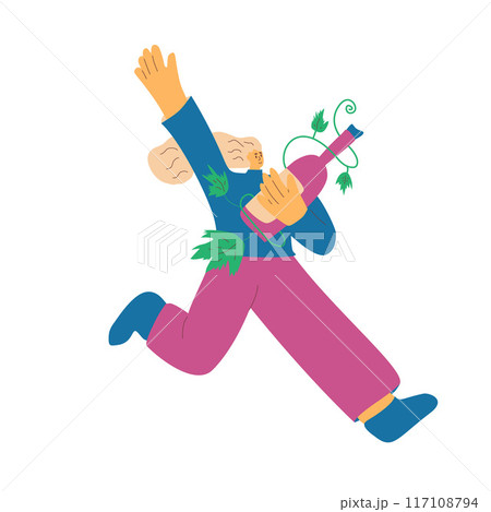 Wine lover. Young woman run with bottle of white wine. Cute character with alcohol beverage. Vector hand drawn flat illustration isolated on white background. 117108794