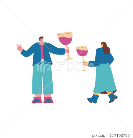 Anniversary celebration. Couple meeting with beverage. Wine tasting event. Cute characters couple with wineglasses. Vector hand drawn illustration isolated on white background. 117108799