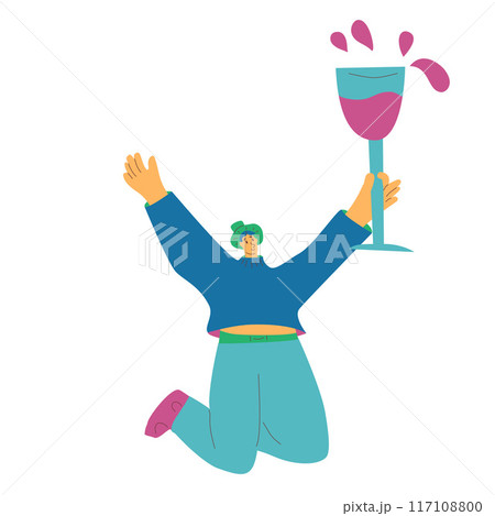 Wine lover. Happy person with huge wineglass. Cute character with alcohol beverage. Vector hand drawn flat illustration isolated on white background. 117108800