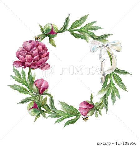 Peonies wreath. Burgundy flowers, leaves, white bow. Hand drawn botanical watercolor illustration isolated on white background. For birthday cards, wedding invitations, posters, labels, covers. 117108956