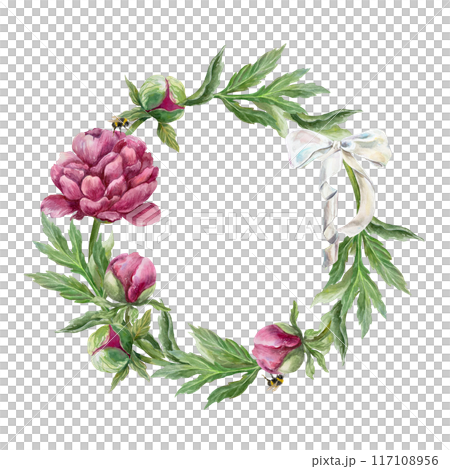 Peonies wreath. Burgundy flowers, leaves, white bow. Hand drawn botanical watercolor illustration isolated on white background. For birthday cards, wedding invitations, posters, labels, covers. 117108956