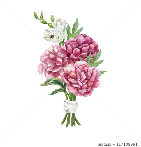 Peonies bouquet with white freesias. Burgundy flowers with green leaves. Hand drawn watercolor illustration isolated on white. For greeting cards, wedding invitations, covers, labels, posters. 117108961