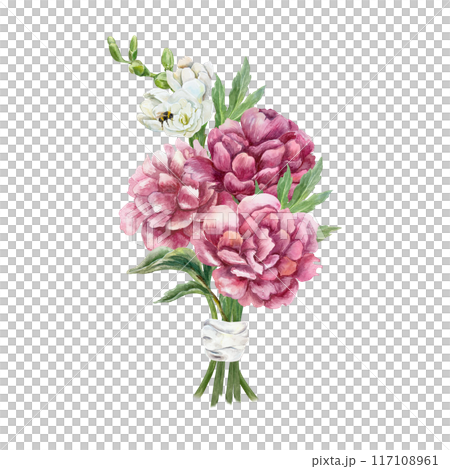 Peonies bouquet with white freesias. Burgundy flowers with green leaves. Hand drawn watercolor illustration isolated on white. For greeting cards, wedding invitations, covers, labels, posters. 117108961
