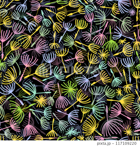 Elegant colored seamless pattern with flower branch. Scandinavian style on a black background. Dandelion seamless pattern. hand drawing. Not AI, Vector illustration 117109220
