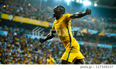 Male soccer player in yellow uniform is in the middle of game. AI 117109237
