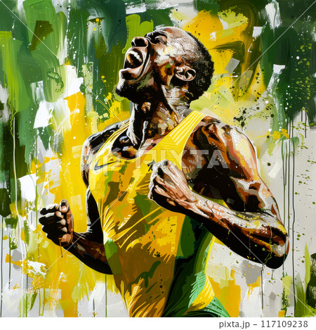 Painting of man holding soccer ball in his right hand and yellow shirt on his left. AI 117109238