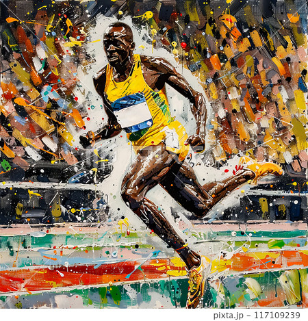 Painting of man running on track in yellow shirt and black pants. AI 117109239