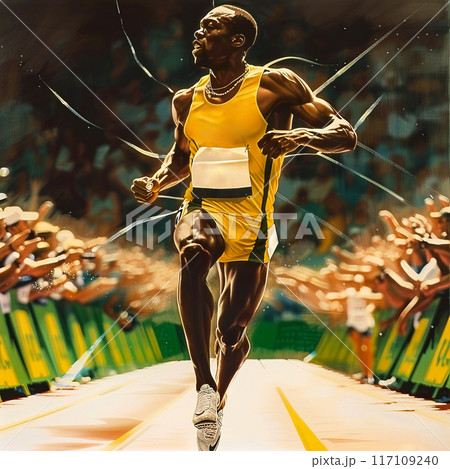 Painting of man running on track in front of crowd. AI 117109240