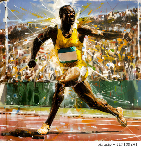 Painting of man running on track in front of crowd. AI 117109241