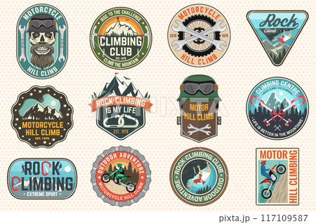 Set of motorcycle hill climb and Rock Climbing club badges stickers. Vector. Extreme sport with climber, carabiner, motorbike for extreme jump and race in mountains Set of motorcycle hill climb and Rock Climbing club badges stickers. Vector. Extreme sport with climber, carabiner, motorbike for extreme jump and race in mountains 117109587