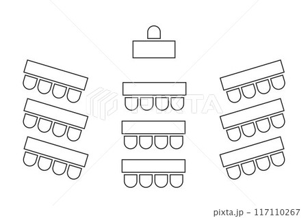 Auditorium seatings plan. Classroom or lectorium seats arrangment. Schema of workspace in meeting, conference, training or other business event. Desks and chairs icons top view. Vector illustration Auditorium seatings plan. Classroom or lectorium seats arrangment. Schema of workspace in meeting, conference, training or other business event. Desks and chairs icons top view. Vector illustration 117110267
