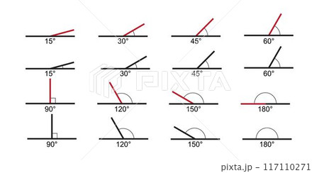 Set of angle degree icons. Different protractor values isolated on white background. Geometric measurements. Mathematics symbols. Vector graphic illustration. 117110271