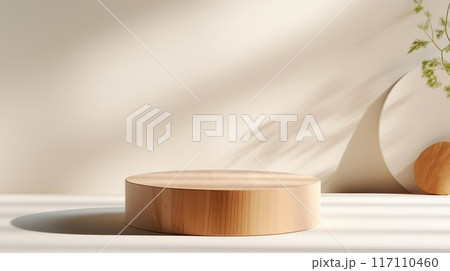 A round driftwood podium, a pedestal for an object, against a neutral natural background. Photo 117110460