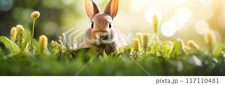 Cute Easter bunnies are sitting in the grass sunny day banner. Photo 117110481